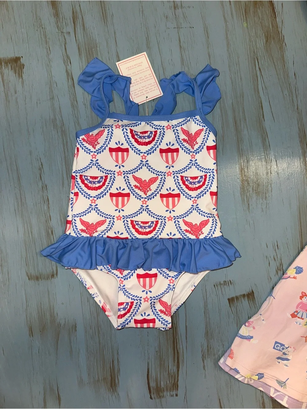 The Beaufort Bonnet Company Girls Blue, Red & White Ruffle One-Piece Swimsuit